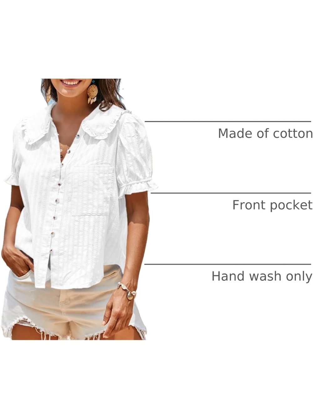White Ruffle Collar Button-Front Blouse - Picture 5 of 7